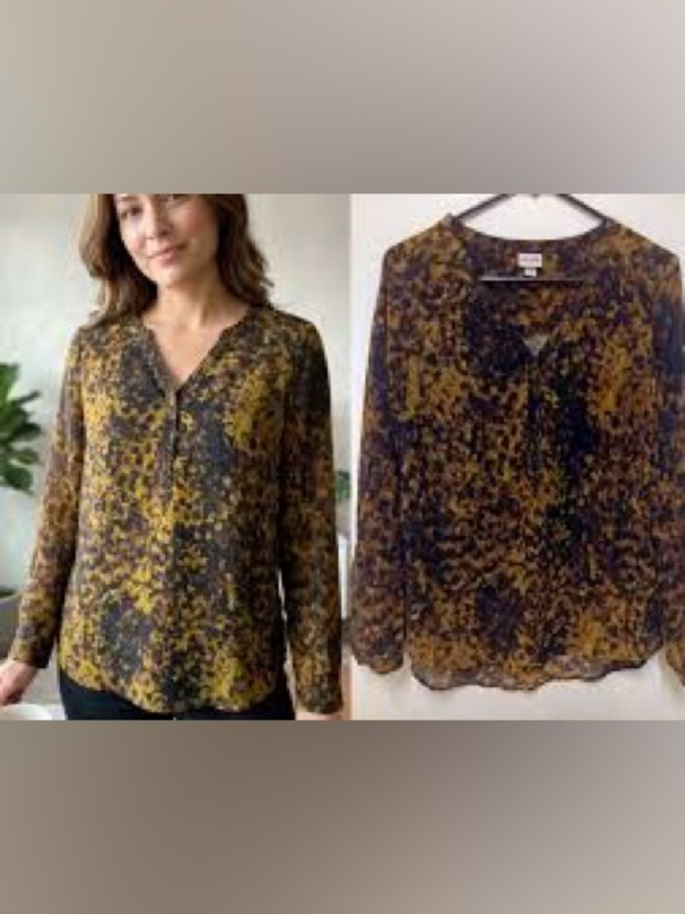 MERONA(Target)Black & Brown Semi Sheer Leopard Print VNeck Blouse 1/4 button M/M